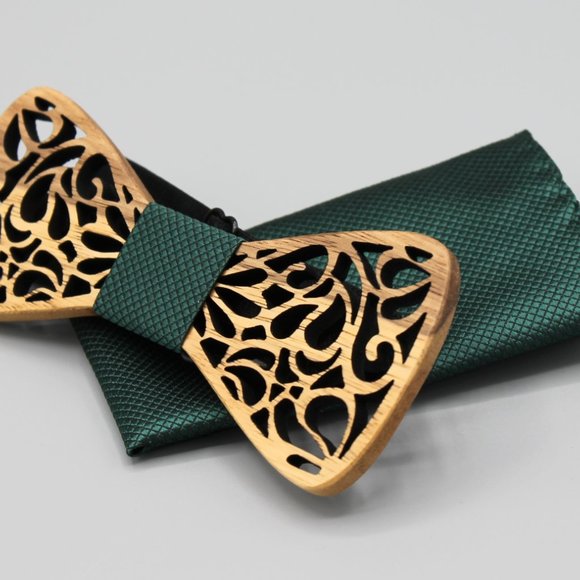 Mens bow tie neck wear adjustable green wood - Picture 2 of 7